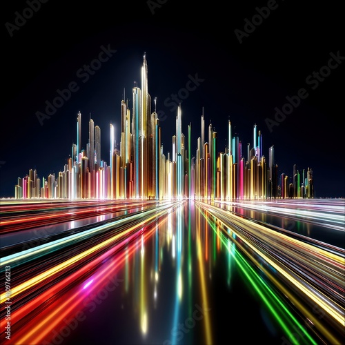 A futuristic cityscape with tall, slender buildings illuminated by colorful light streaks and their reflections.