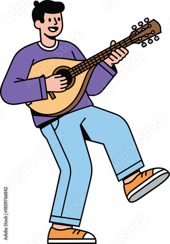 Cartoon character playing guitar, joyful musician dancing, vibrant vector art for music, entertainment, performance, lifestyle, and creative stock illustration themes