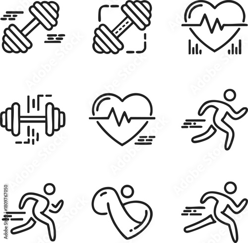 Fitness and health icons depicting exercise muscles heart rate and active lifestyles
