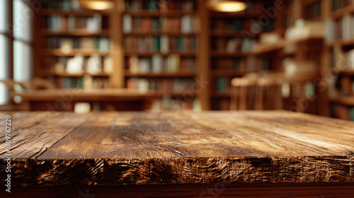 An empty wooden table in a classic library setting with a warm, inviting atmosphere. The table is made of dark wood, with the library and books blurred in the background