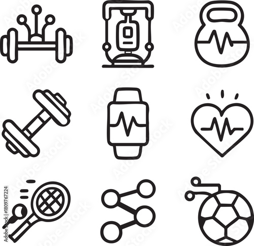 Collection of linear fitness sports and health related icons in a simple style