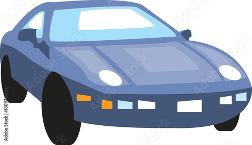 A stylized illustration depicts a sleek dark blue sports car with a low profile