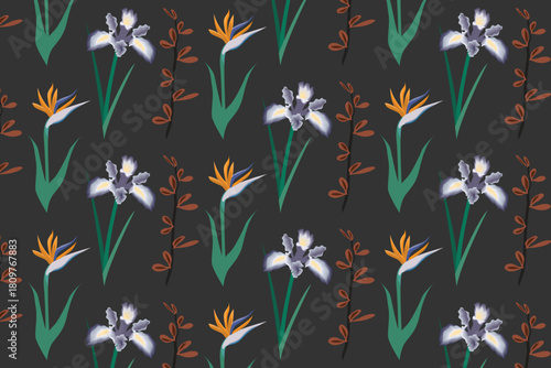 A repeating floral pattern featuring irises bird of paradise and simple stems