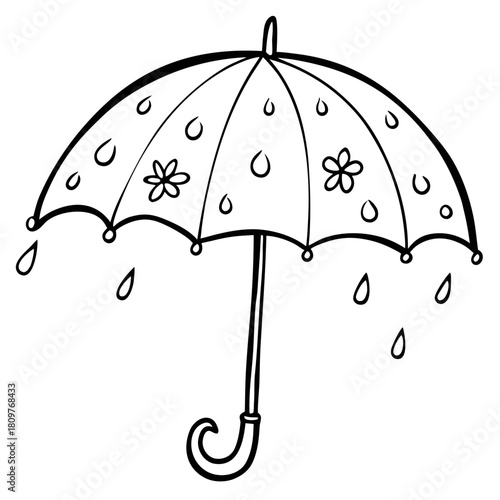 Black and white umbrella with flowers and raindrops isolated on