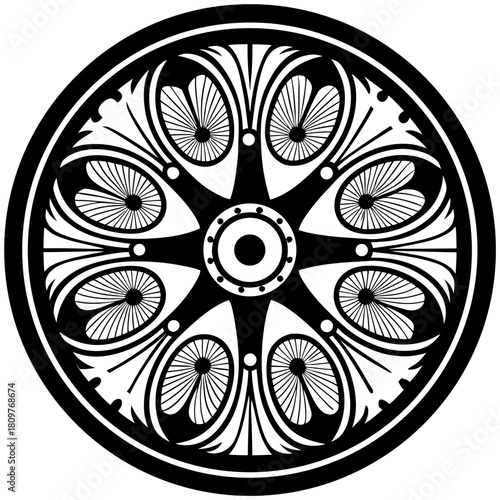 Decorative floral medallion isolated on with radial symmetry