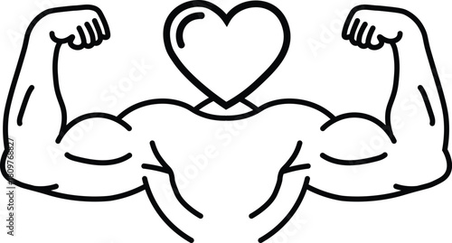 Strong love a line drawing of muscular arms embracing a heart shape