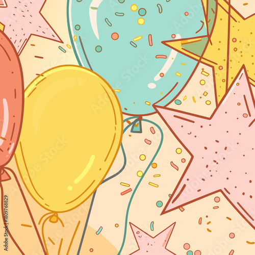 Festive celebration with colorful balloons and stars for a joyful occasion