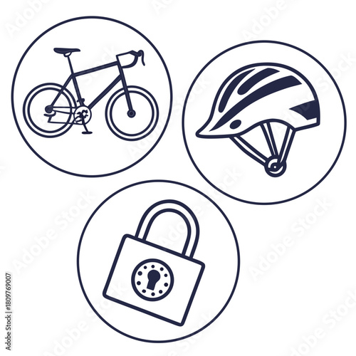 Icons of bicycle, helmet, and lock isolated on