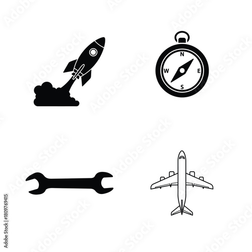 Set of four icons representing travel adventure and mechanics
