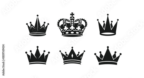 Collection of diverse royal crown silhouette icons representing monarchy and success. Vector