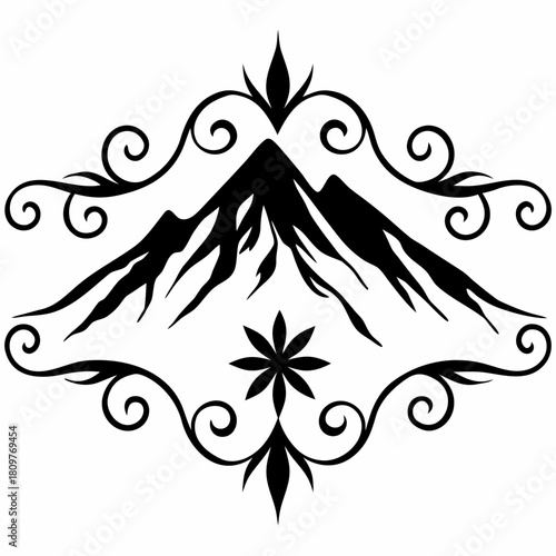 Mountain peak silhouette in ornate frame isolated on