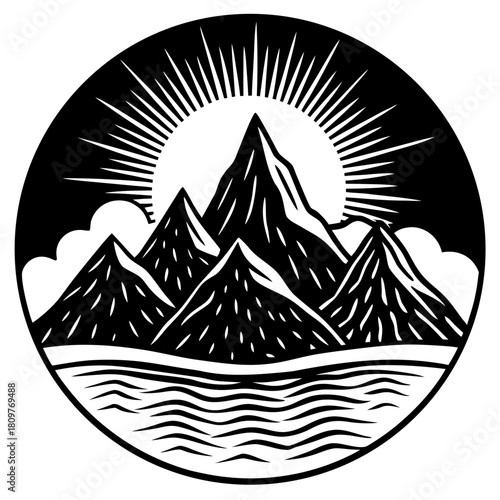 Mountain range with sunburst and water isolated on