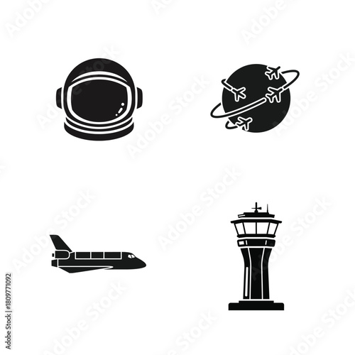 Four icons representing space travel and aviation