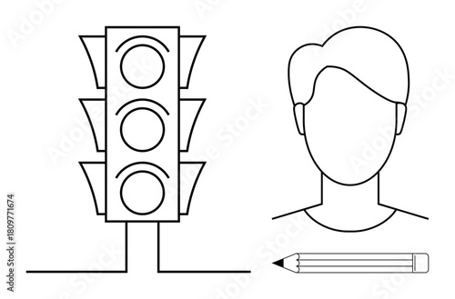 Traffic light with three lights, outlined human face, and pencil representing creativity, decision-making, self-expression. Ideal for education, art, traffic rules, self-awareness guidance