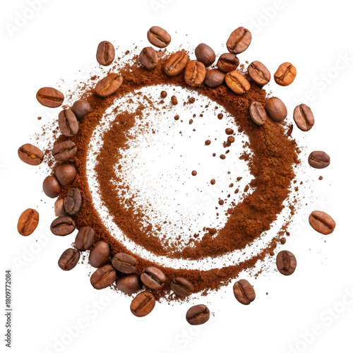 Fresh Roasted Coffee Beans & Ground Powder Circle. Caffeine, Espresso & Breakfast Ingredients. on transparent background