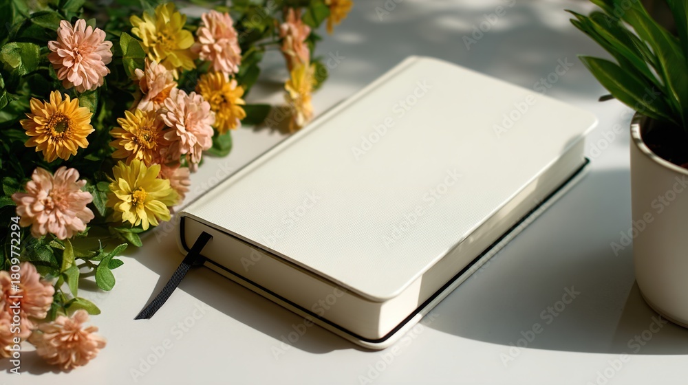 Fototapeta premium Elegant white notebook on a bright desk with colorful flowers, creating a serene and creative ambiance.