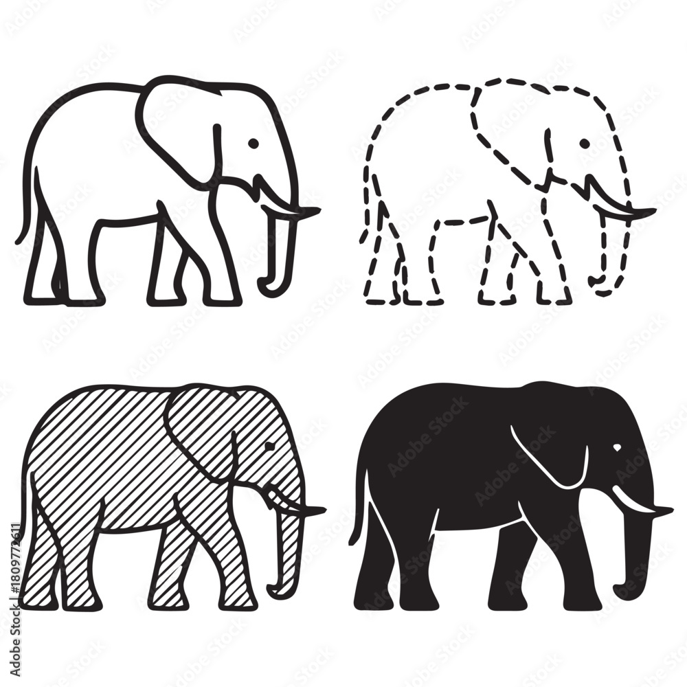 Fototapeta premium Four elephant illustrations: outline, dashed, hatched, and solid fill.