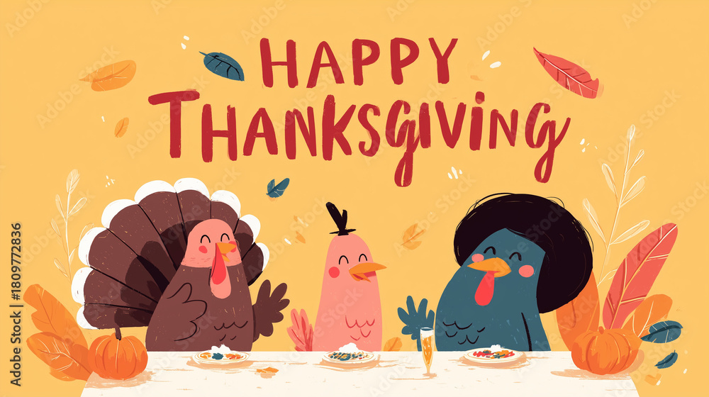 Fototapeta premium Playful Thanksgiving illustration featuring three cartoon turkeys sitting at a festive table, celebrating with cheerful expressions, bright colors, and a fun seasonal atmosphere