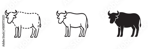 Three stylized buffalo illustrations in different line styles, showcasing a progression from outline to solid fill.