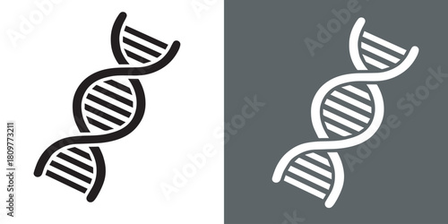 DNA double helix graphic in black and white, representing genetics and biology.
