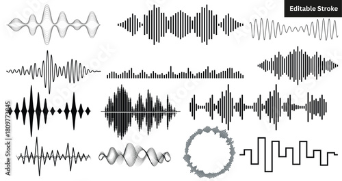 "Sound Wave & Audio Waveform Doodle Set – Music, Podcast & Voice Recording Editable Stroke Icons"