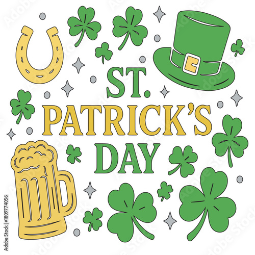 St. Patrick's Day themed graphic with hat, beer, horseshoe, and shamrocks.