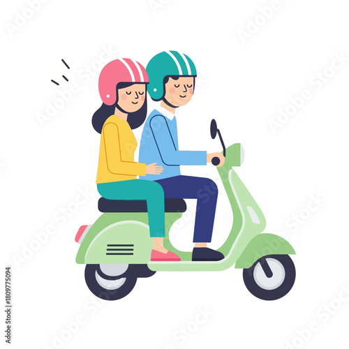 Cartoon couple riding a vintage scooter with helmets through a vibrant cityscape illustration