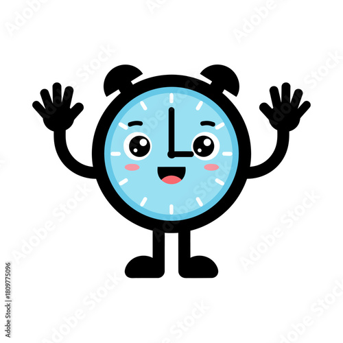 Whimsical alarm clock character illustration conveying cheerfulness and punctuality with vibrant