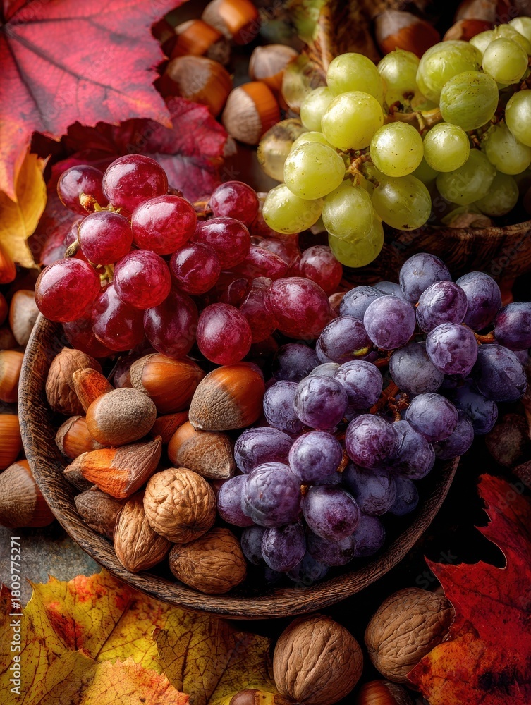 Fototapeta premium assortment of fruitsgrapes and nutsautumn fruitsautumn seasonal harvest no logos no brands ar 34