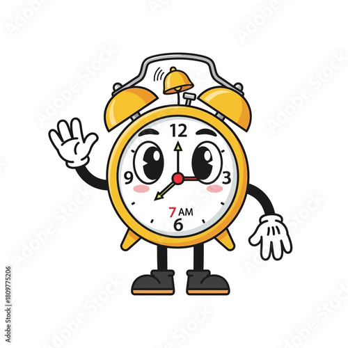 Animated clock character illustration announcing seven o'clock with charm and simplicity featuring