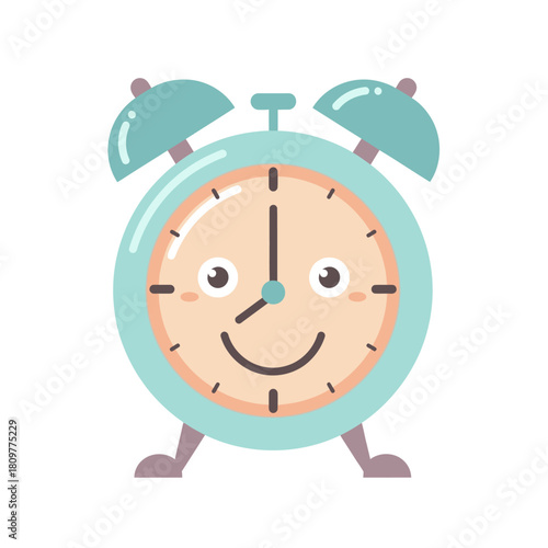 Charming pastel blue alarm clock with a cheerful face illustration for children