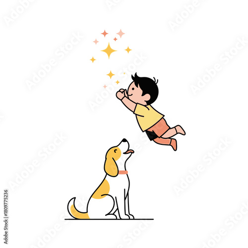 Whimsical boy levitating towards starlight with his loyal canine friend animation artwork