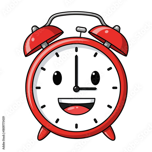 Whimsical alarm clock character illustration with playful expression and vibrant red design