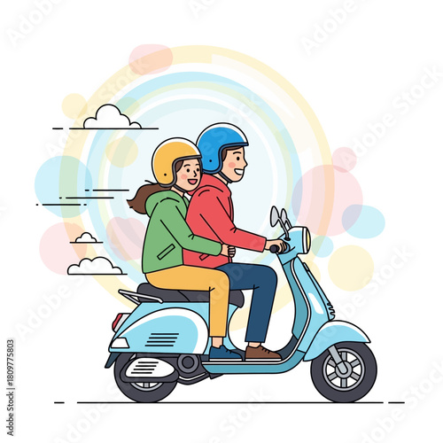 Cartoon illustration of a joyful couple riding a light blue scooter on a colorful background