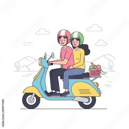 Cartoon couple riding vintage scooter on a road trip amidst scenic mountain views sharing a