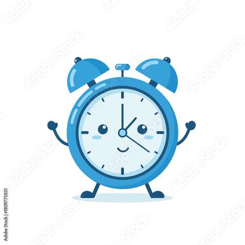 Cartoon alarm clock character illustration radiating positive energy for a new beginning