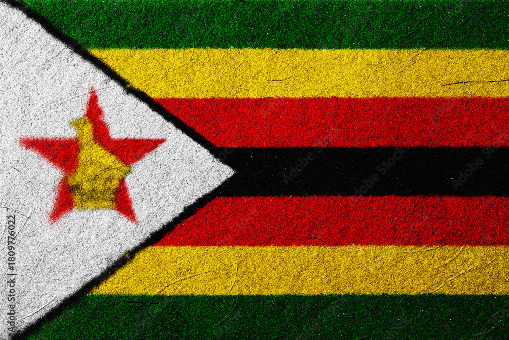 Fototapeta premium An artistic rendering presents the national flag featuring horizontal bands of green, gold, red, and black, alongside a white triangle and red star with the Zimbabwe Bird emblem.