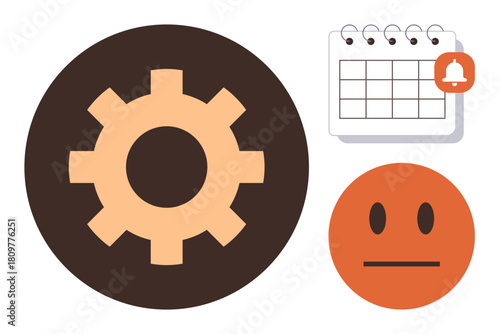 Gear, calendar with alarm, and neutral face symbolize productivity, scheduling, automation, and emotion monitoring. Ideal for workflow, time management, routine deadlines efficiency habits simple