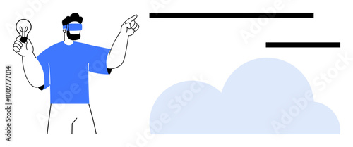 Man with blue shirt holding lightbulb, pointing to horizontal bars above cloud, representing innovation, creativity, and ideas. Ideal for brainstorming, tech, leadership, solution teamwork vision