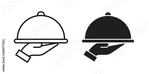 Hand holding tray icon in minimal flat, stroke style. suitable for graphic designs