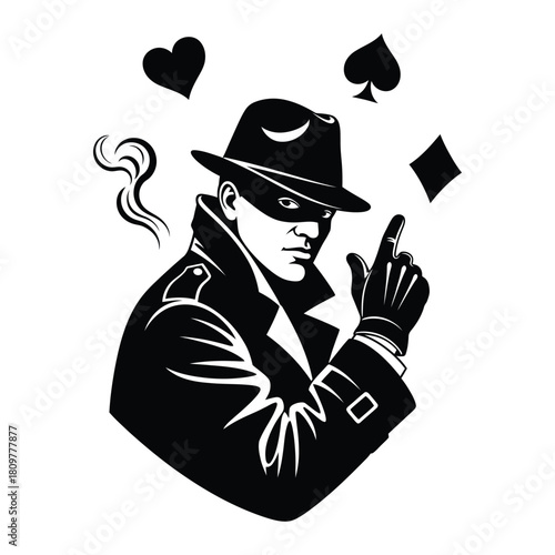 Black silhouette of a masked thief in a fedora and trench coat isolated on white background