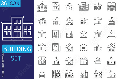 Buildings Line icons set. Contains icons of residential, hospital, school and public buildings.  Real Estate, Home, temple, House, Hotel, Apartment, Hospital and more line icons. Vector illustration. 