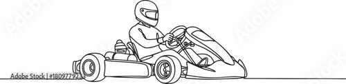 Continuous one line drawing of a karting driver racing in a go-kart, dynamic motorsport action in minimalist outline style vector illustration