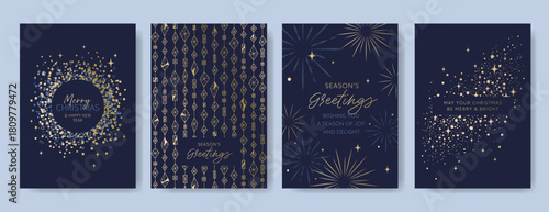 Set of four navy and gold Christmas and New Year greeting card templates with abstract sparkles, geometric ornaments, and starburst elements. Holiday season concept. Festive design for greeting card