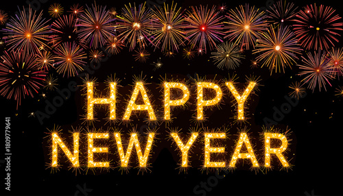 Sparkling happy new year greeting with fireworks on a, perfect for festive celebrations and wishing a bright future