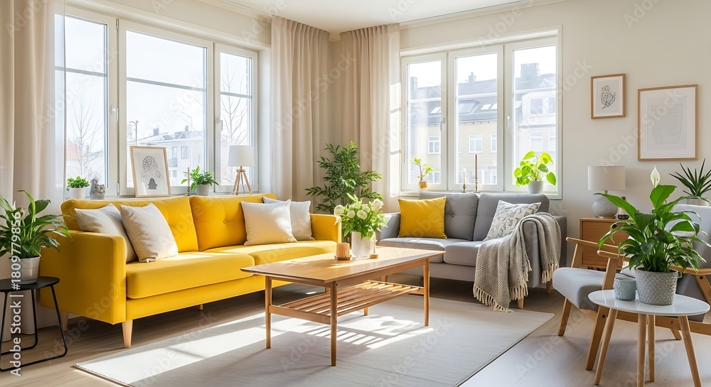 Fototapeta premium Bright modern living room with yellow and grey sofas, plants, and natural light fills the airy,
