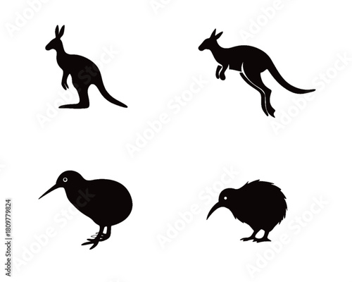 Silhouette illustration of kiwi bird and kangaroo