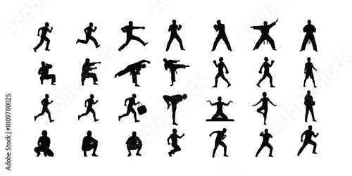 Collection of various silhouette poses of people in action and standing still