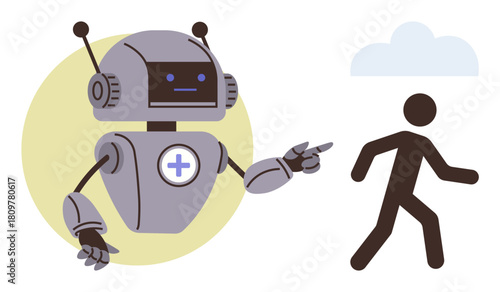 Robot with a medical insignia gesturing towards a walking human, symbolizing AI-assisted healthcare, guidance, and collaboration. Ideal for technology, healthcare, innovation, automation, AI-human