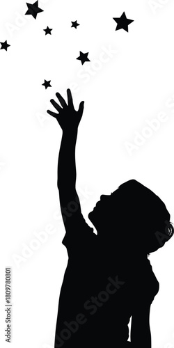 Silhouette of a child reaching for stars against a white background representing dreams and aspirations